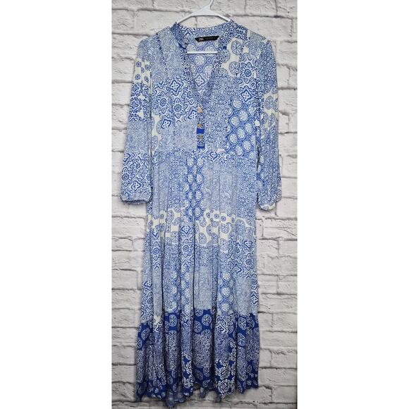 ZARA Blue White Patchwork Tile Print Tiered Midi Dress Long Sleeve Medium M Boho - Picture 2 of 10